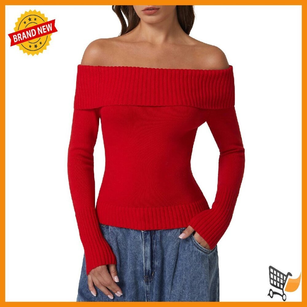 Off Shoulder Ribbed Cotton Sweater Women Slim Fit Pullover Long Sleeve
